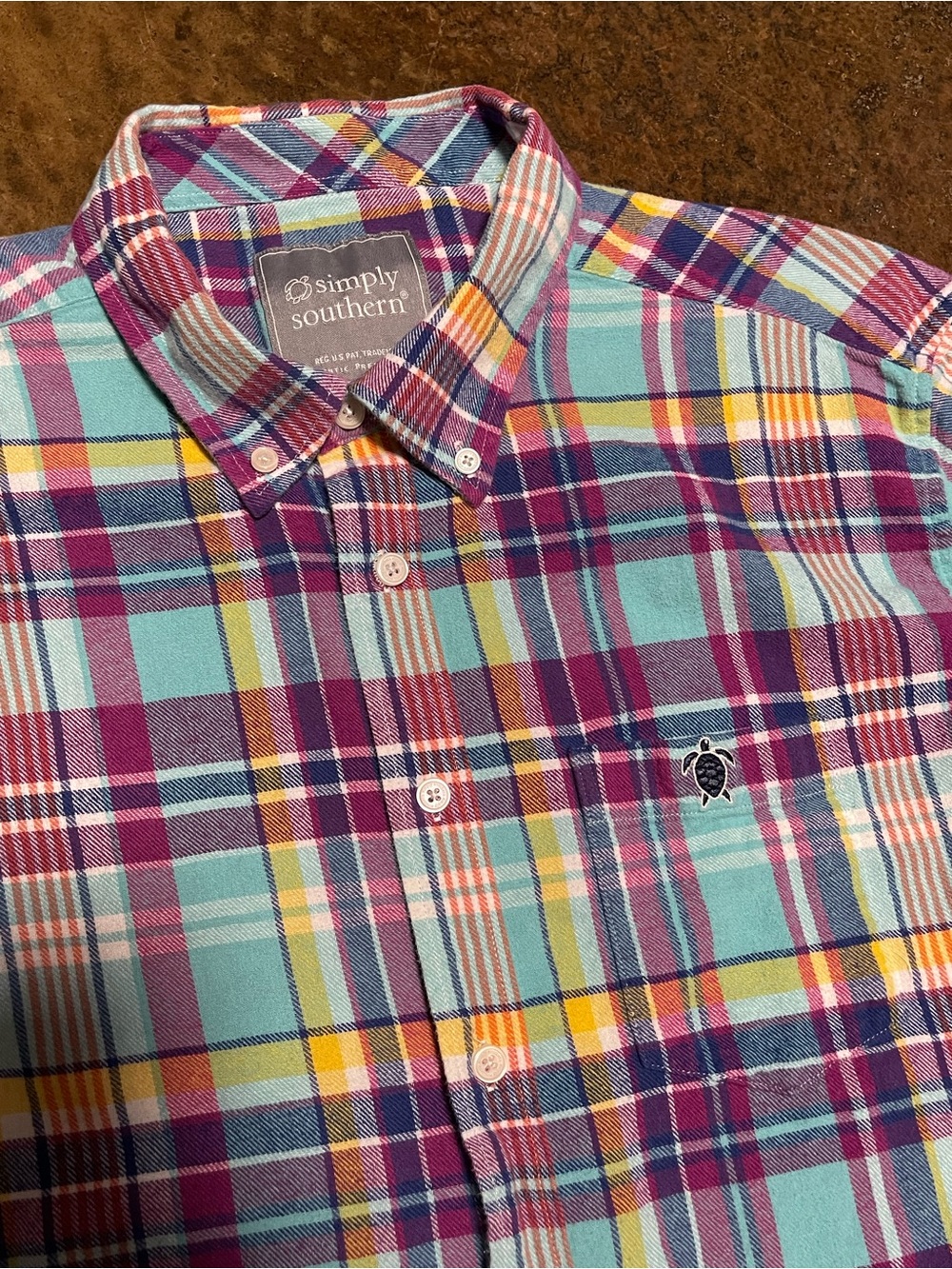 Simply Southern Plaid Button-Down Shirt in Aqua, Purple & Yellow